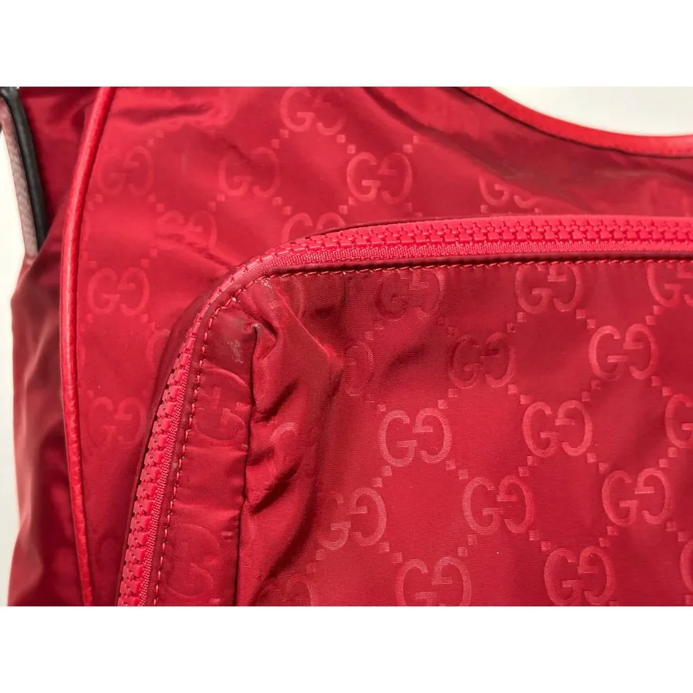 Gucci Red Nylon Monogram Double Buckle Flap Messenger Bag